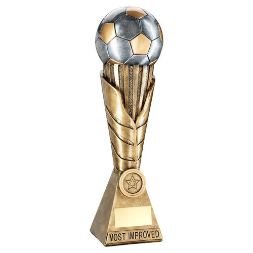 Most Improved Bronze- Pew - Football On Leaf Column Trophy With Plate (1 inch Centre badge) 12 Inch