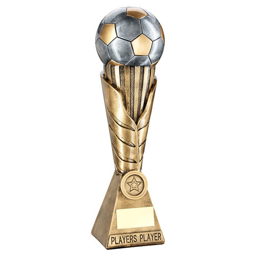 Players Player Bronze- Pew - Football On Leaf Column Trophy With Plate (1 inch Centre badge) 12 Inch