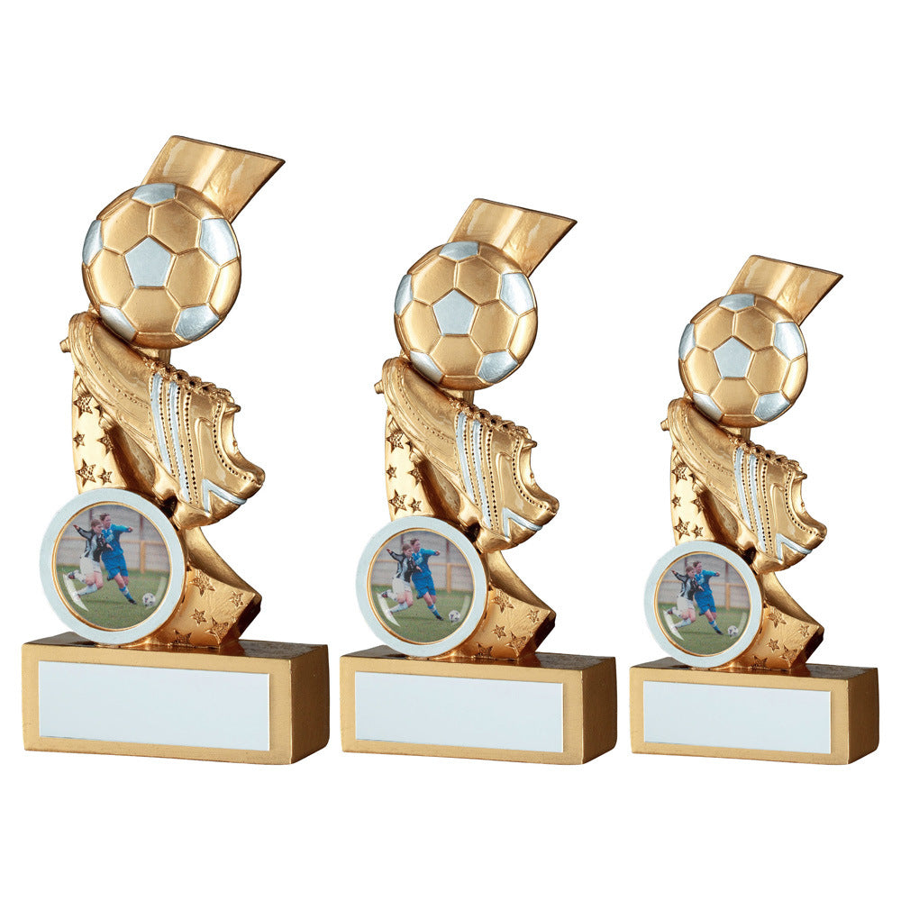 Gold-Silver Football And Boot On Multi Star Curve Trophy With Plate (1 inch badge Centre)