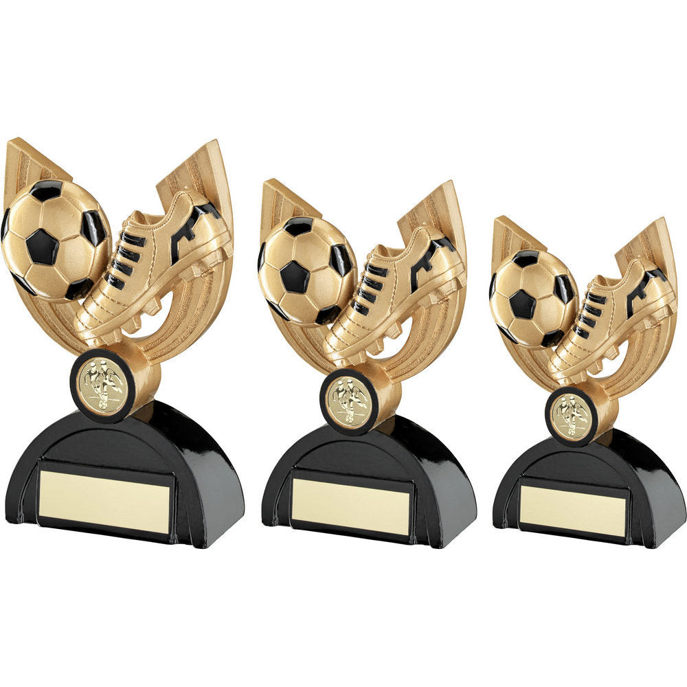 Gold-Black Football And Boot On Semi Backdrop Trophy With Plate (1 inch badge Centre)