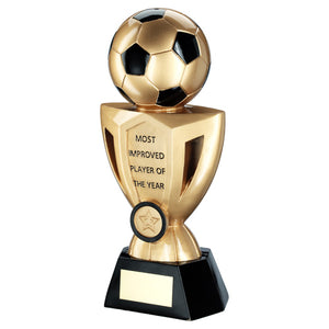 Most Improved Gold-Black Football On Cup Trophy With Plate (1 inch badge Centre) - 10in