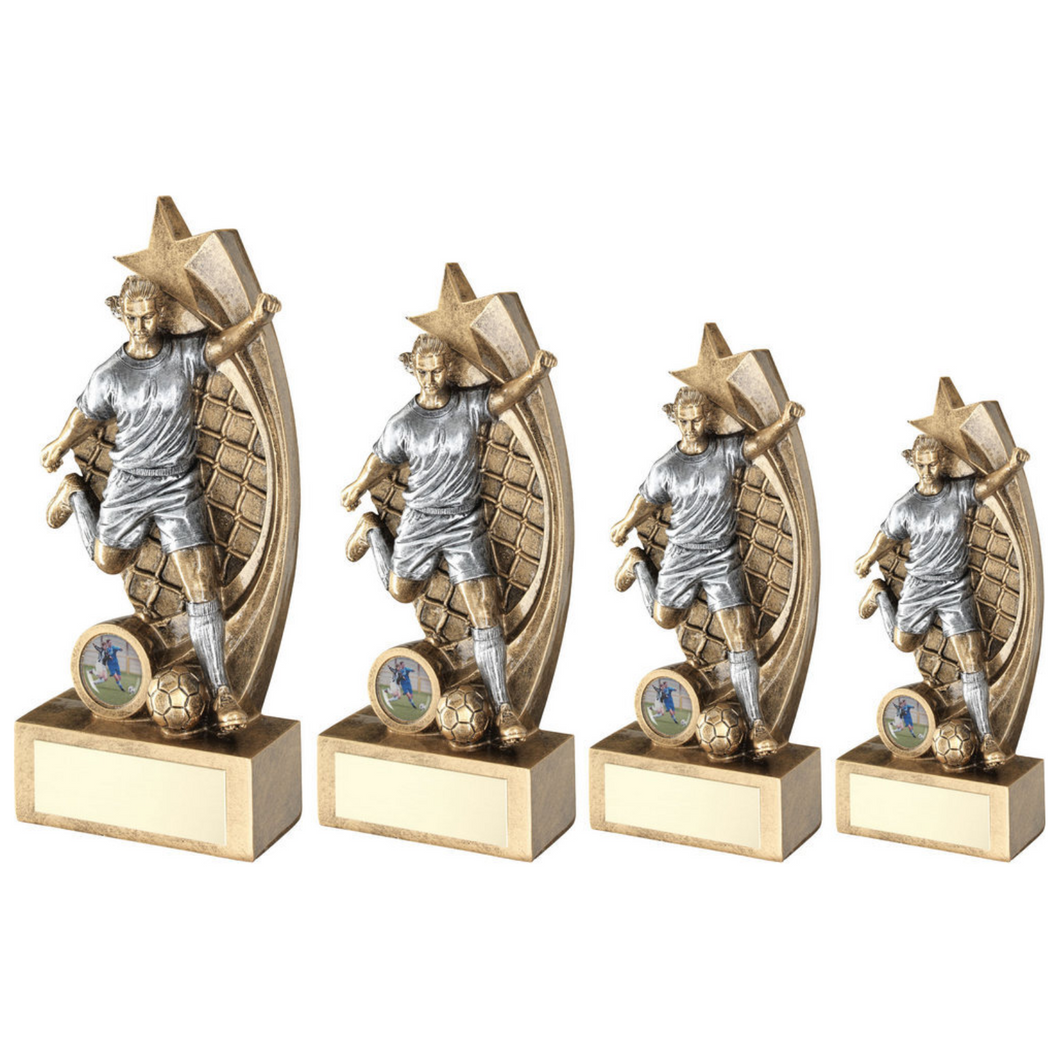 Bronze-Pew Female Football Figure On Star Net Backing Trophy With Plate (1 Inch Badge Centre)