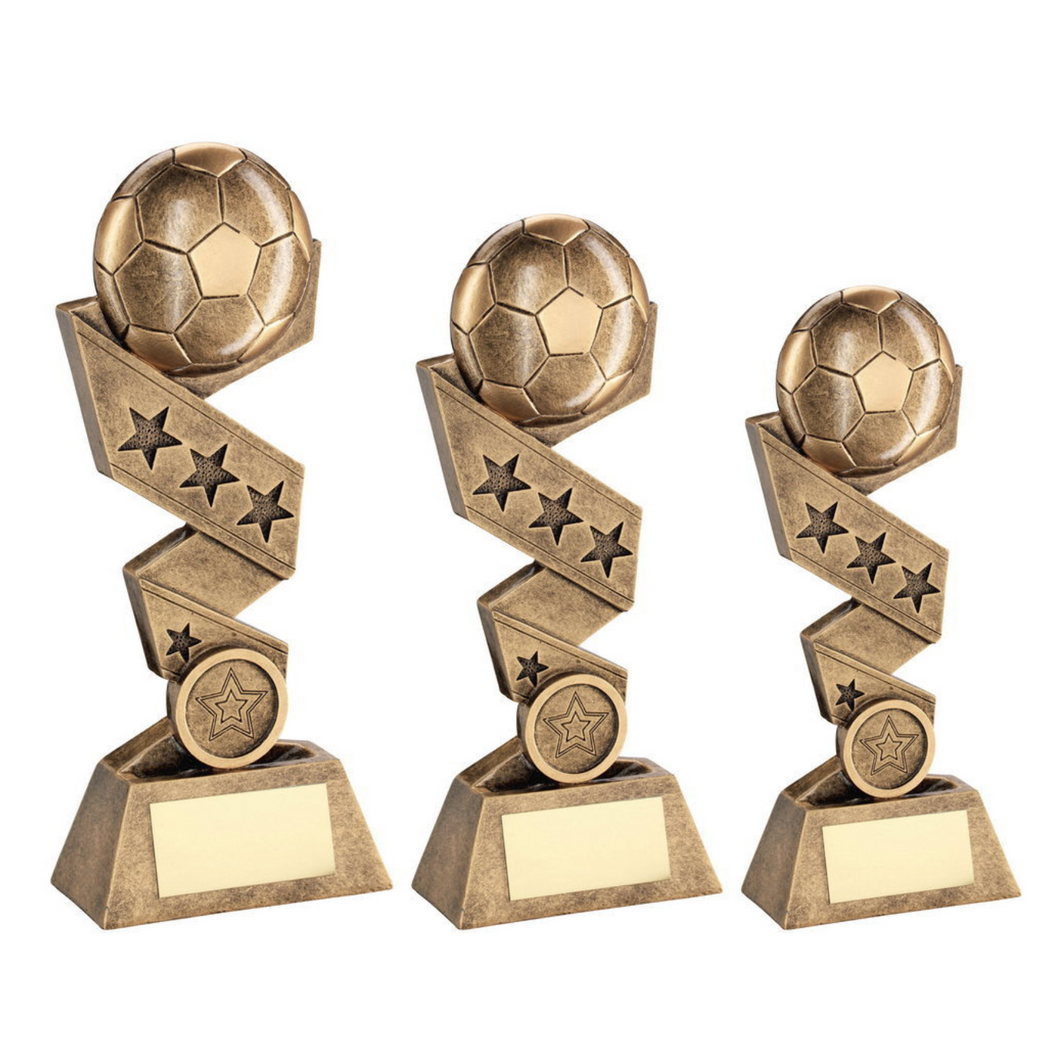 Bronze - Gold Football On Zig Zag Star Ribbon Trophy With Plate (1 inch badge Centre)