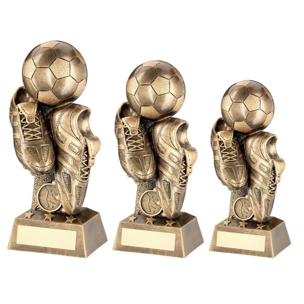 Bronze - Gold Football And Boots On Column Riser Trophy With Plate (1inch badge)