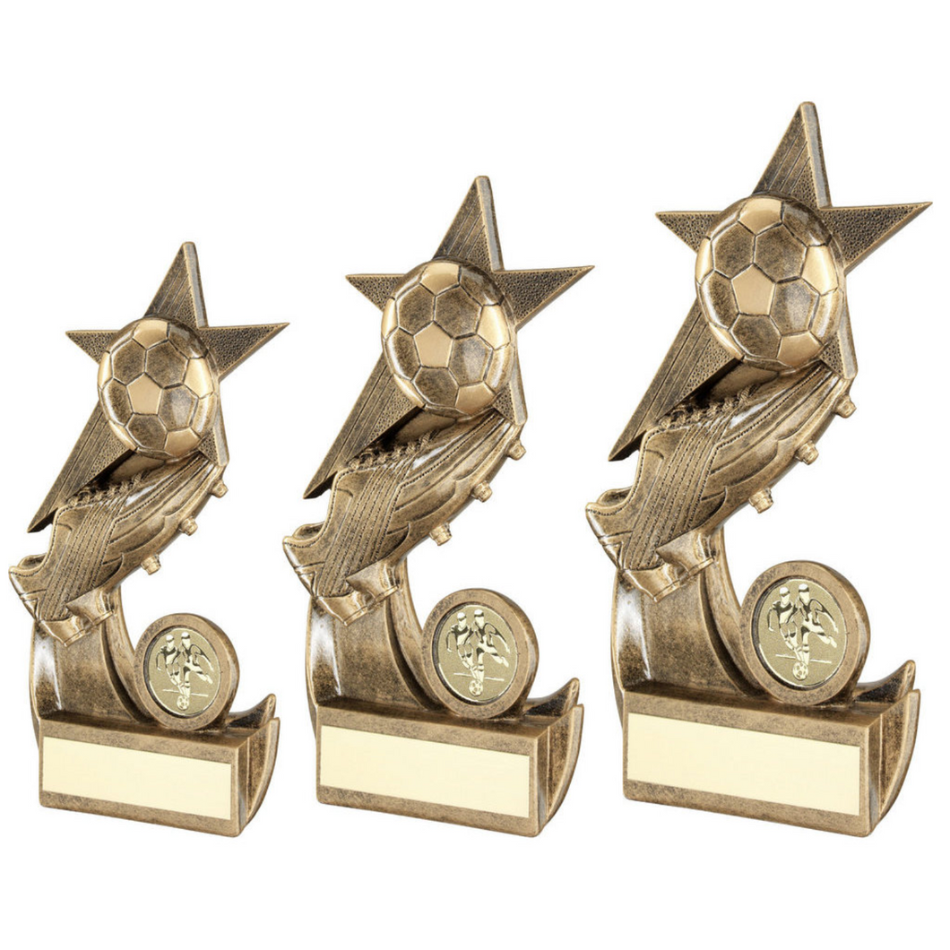 Bronze - Gold Football And Boot On Shooting Star Trophy With Plate (1 inch badge Centre)
