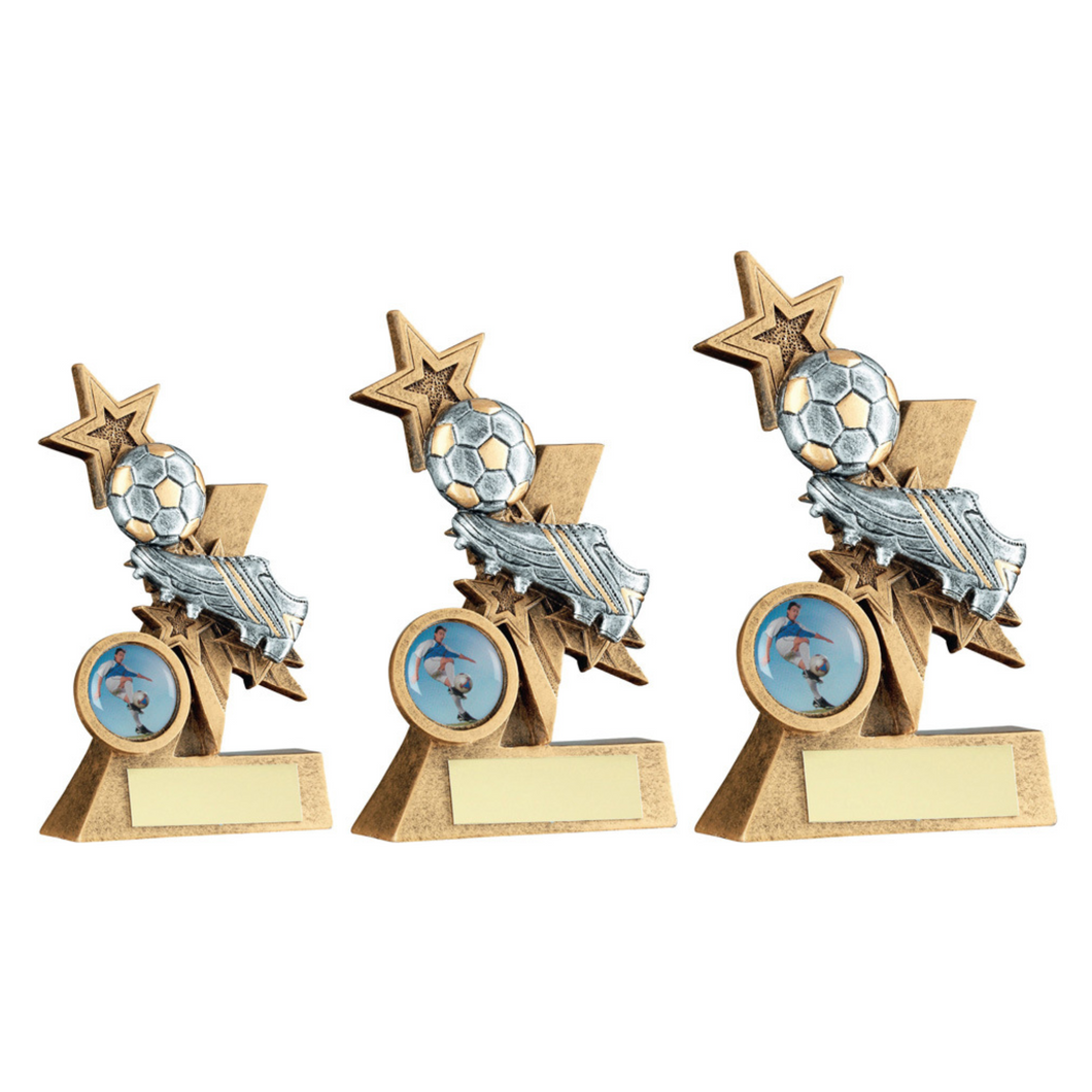 Bronze-Pew-Gold Football And Boot On Shooting Star Trophy With Plate (1in Centre badge)