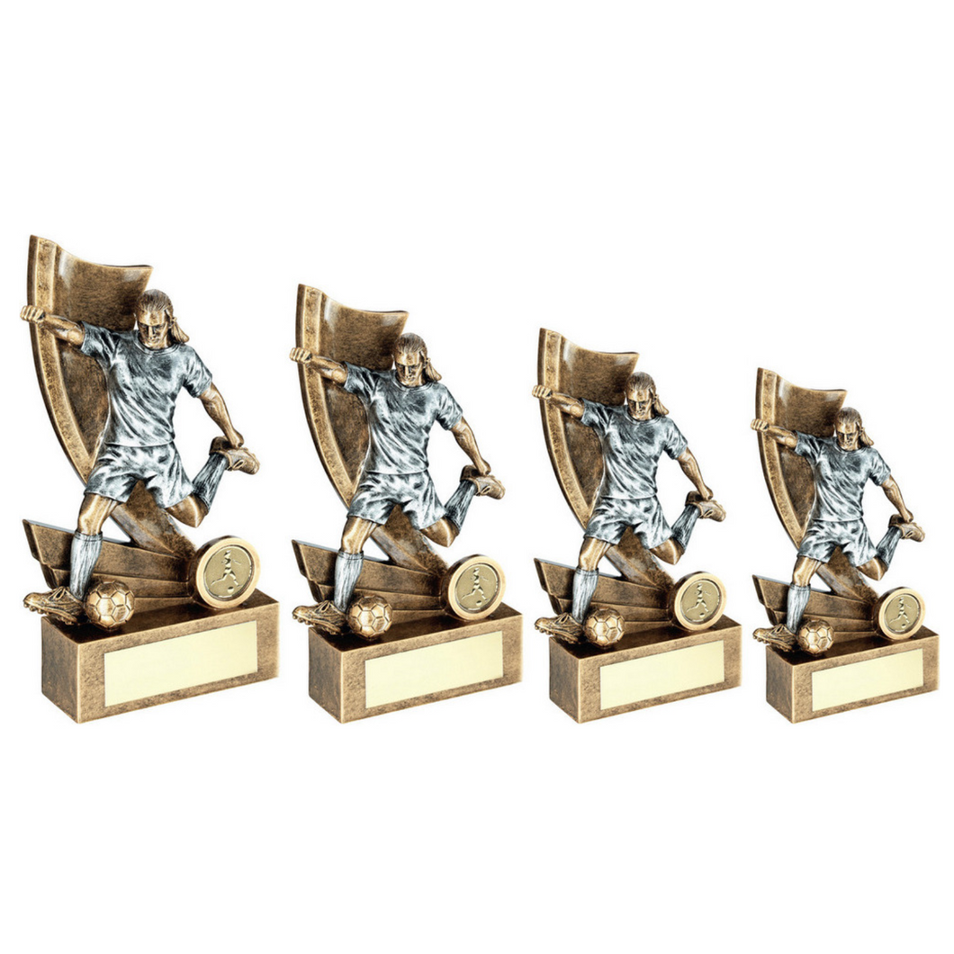 Bronze-Pew-Gold Female Football Figure On Swoosh Backdrop Trophy With Plate (1 inch badge centre)