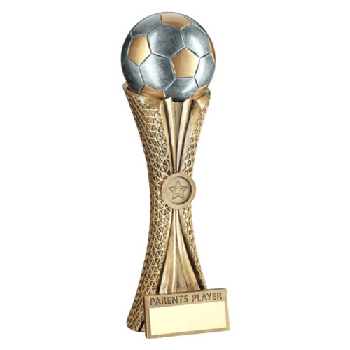 Parents Player Bronze- Pew - Gold Football On Tri-Mesh Column Trophy With Plate 1 inch badge centre  12inch