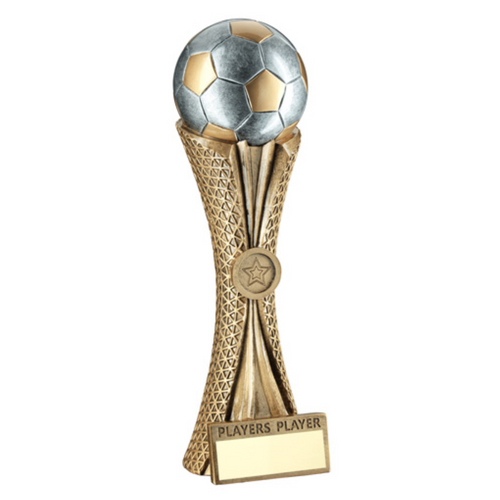 Players Player Bronze- Pew - Gold Football On Tri-Mesh Column Trophy With Plate 1 inch badge centre  12inch