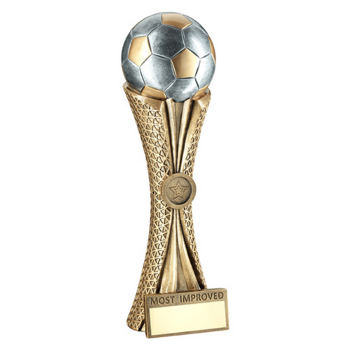 Most Improved Bronze- Pew - Gold Football On Tri-Mesh Column Trophy With Plate 1 inch badge centre  12inch